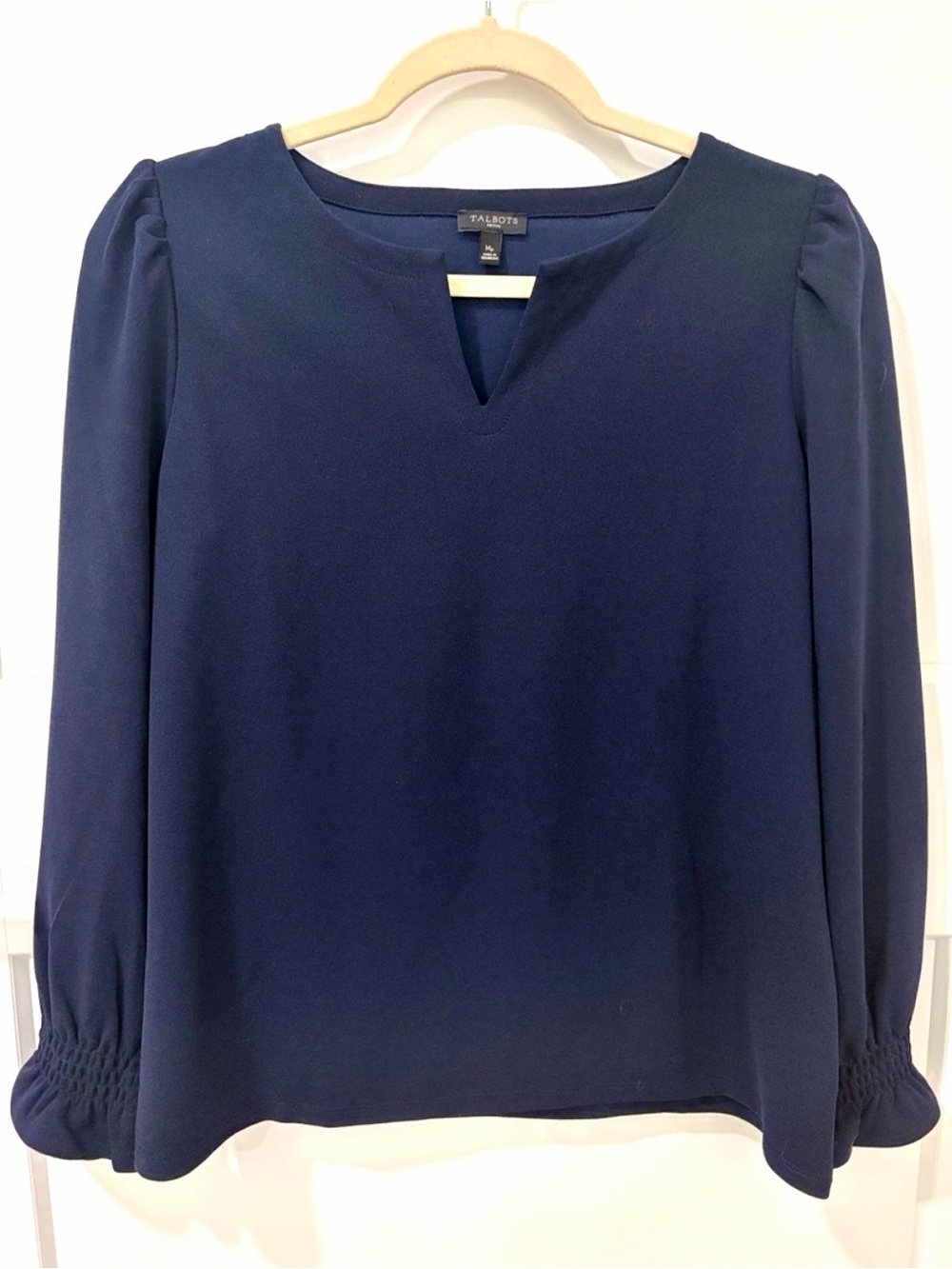 Talbots Navy Smocked-Cuff V-Notch Blouse